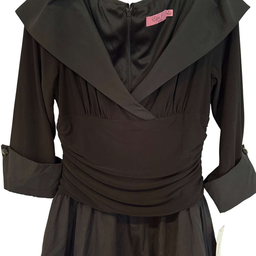 Eliza J Midi Dress Ruched Fit & Flare Women's 8 Black Retro Rockabilly Feminine - Picture 8 of 14